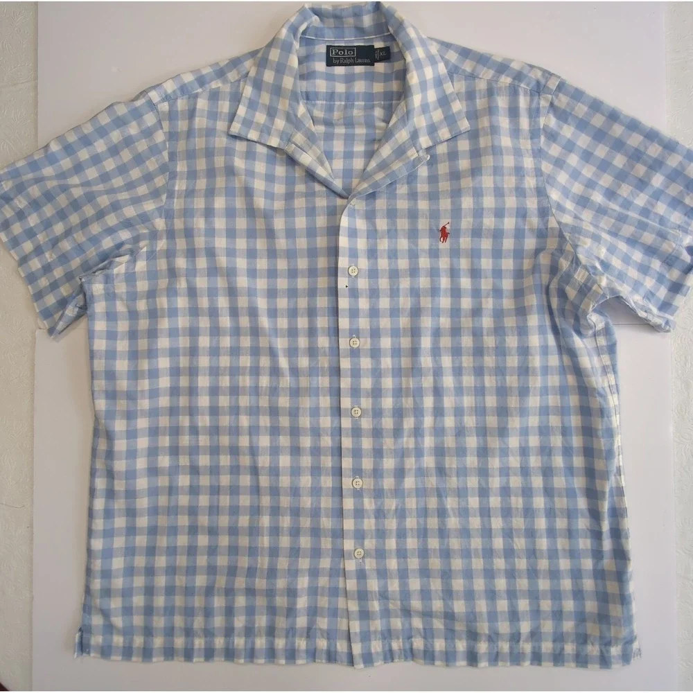 VTG Polo Ralph Lauren Caldwell Camp Collar Shirt Men's XL Gingham Blue White